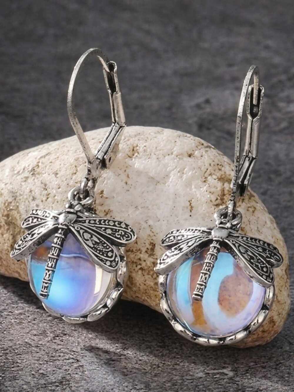 Inlaid Moonstone Drop Dragonfly Pendant Earrings | Handmade Moonstone Jewelry